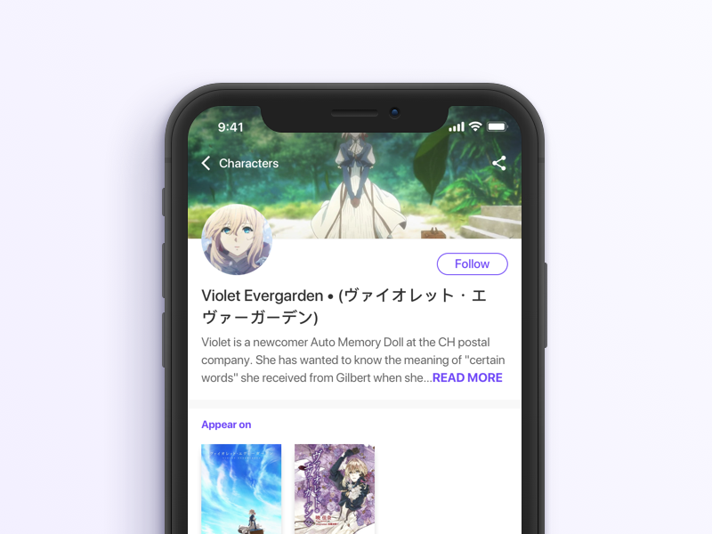 Anime character mobile profile interface
